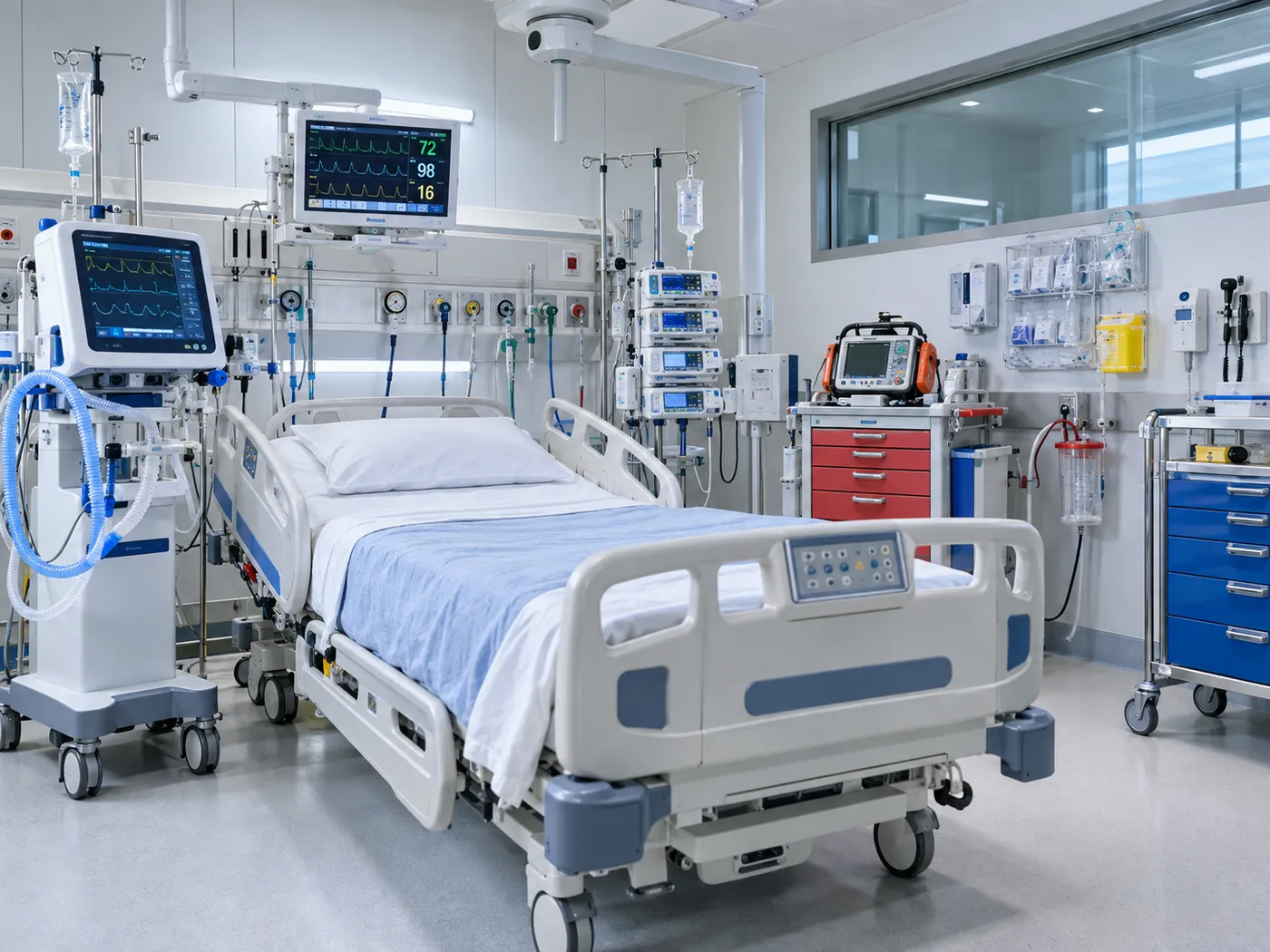 Hospital critical care room with patient monitoring and medical equipment