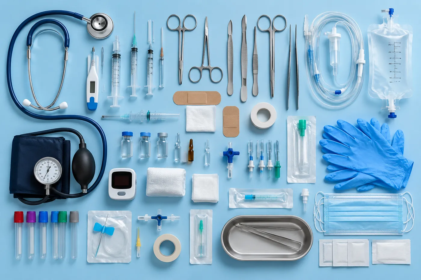 Medical and healthcare supplies arranged on a surface